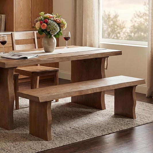 Merax 62.9" Solid Pine Dining Bench with Sculpted Legs – Rustic 3-Person Seating for Kitchen, Dining Room & Entryway – Heavy Duty 350lbs Capacity, Natural Wood Finish