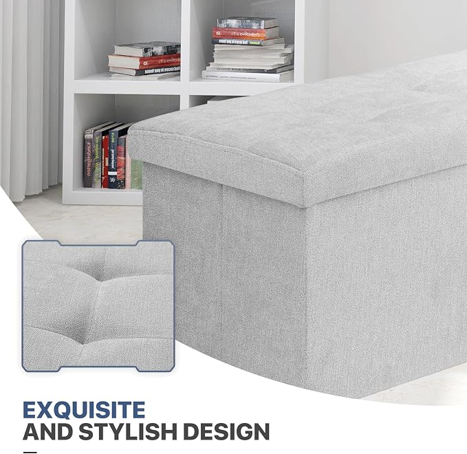 MoNiBloom 43 Inch Folding Storage Ottoman Bench, Linen Fabric Ottoman Footrest, Storage Chest, Padded Seat, End of Bed Bench for Living Room, Bedroom, Entryway, Light Gray