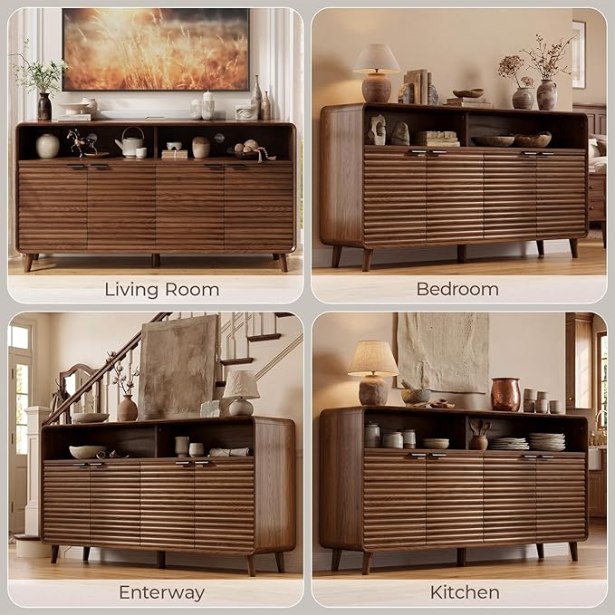 61" Sideboard Buffet Cabinet with Open Storage & 4 Doors, Large Coffee Bar Cabinet with Adjustable Shelves, Mid Century Modern Fluted Buffet Cabinet for Kitchen, Living Room, Walnut