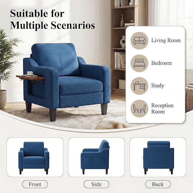 Accent Chair for Living Room, Mid-Century Upholstered Armchair with Foldable Table & 2 Side Pockets, Modern Linen Wooden Sofa Chair for Bedroom & Reading Room, Blue