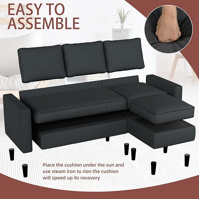 Nuturelly Convertible Sectional Sofa Couch with Movable Ottoman, 3-Seater Modern L-Shaped Sofa for Small Spaces, Soft Fabric Couch for Living Room, Small Apartment & Office(Gray)