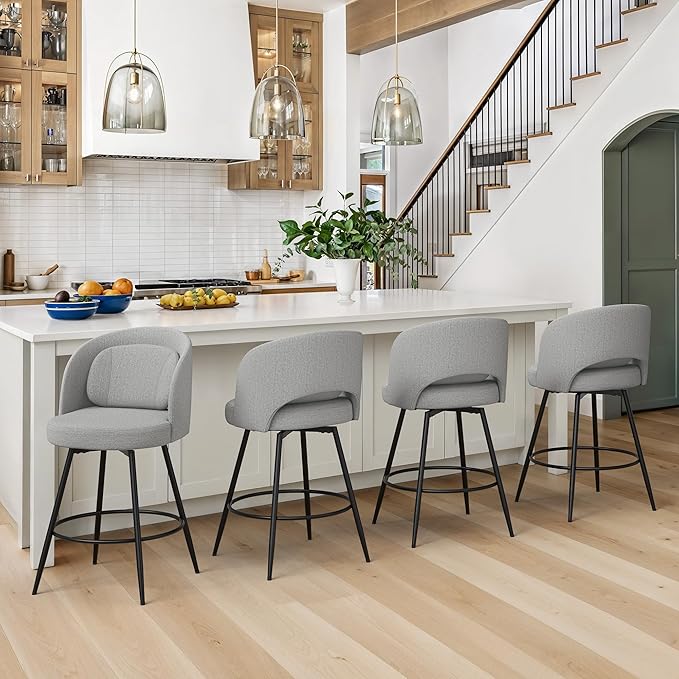 LUE BONA 26''H Swivel Bar Stools Set of 4, Counter Height Bar Stools with Backs, Lumbar Pillow and Black Metal Frames, Upholstered Modern Barstools for Kitchen Island, Linen Farbic, Gray