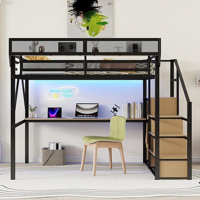 KEIKI Queen Size Metal Loft Bed Frame with Desk, Staircase, Built-in Storage Shelves and Wardrobe, Modern Loft Bed with Solid Slat, Guardrail, No Box Spring Required, Easy Assembly, for Bedroom, Black