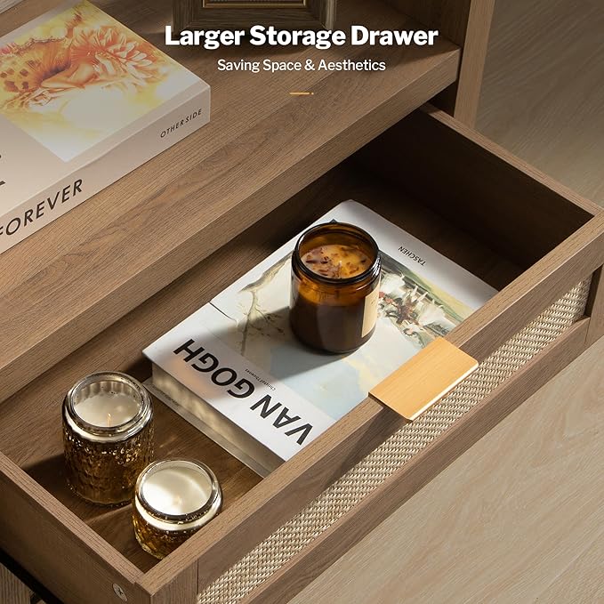 SICOTAS Rattan Night Stand Set of 2 - Tall Nightstands with Type-C Charging Station, 3 Storage Drawers, Larger Nightstand Boho Bedside Table End Table for Bedroom Sofa Couch Office - Natural Oak