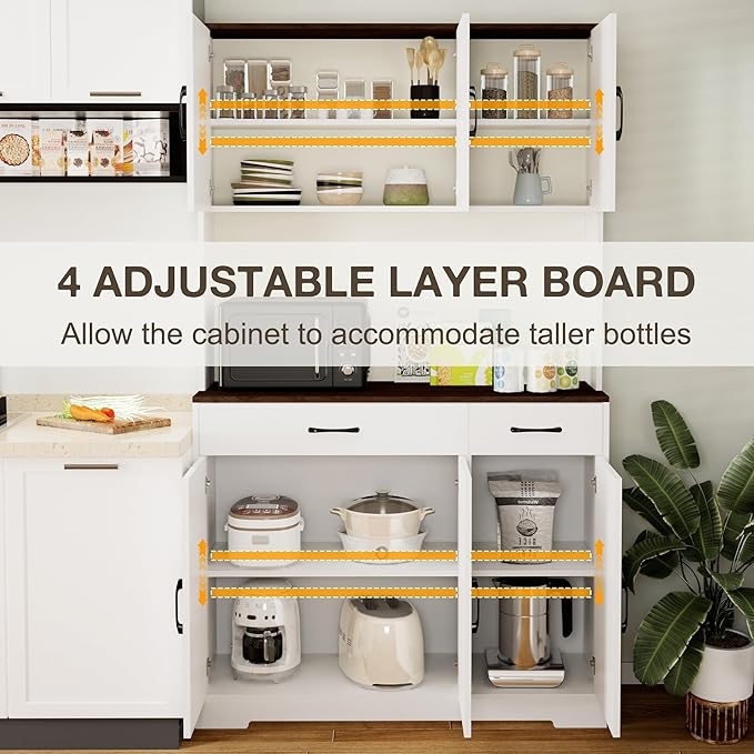 71" Kitchen Pantry Cabinet with Charging Station, Pantry Storage Cabinet Large Kitchen Hutch with Microwave Stand, Coffee Bar Station with Doors and Adjustable Shelves for Kitchen, White