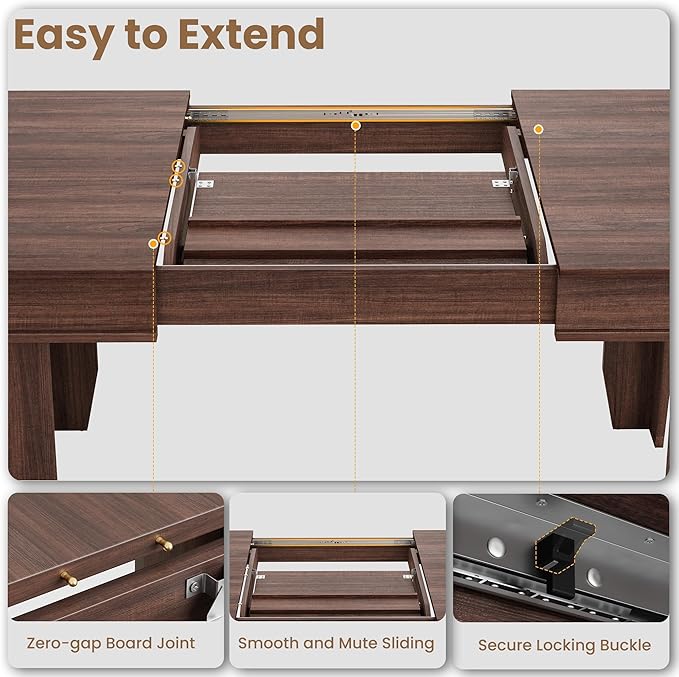 GarveeHome 63 in-86.6 in Extendable Dining Room Table for 6-10, Farmhouse Kitchen Tables w/Wooden Sturdy Frame, Large Rectangular Dinner Table for Dining Room, Kitchen