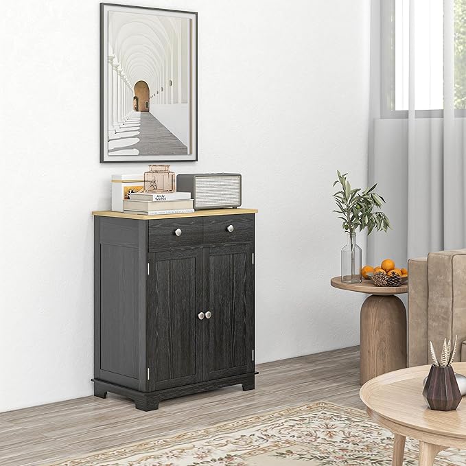 HOMCOM Sideboard Buffet Cabinet with Solid Wood Countertop, Modern Kitchen Storage Cabinet, Coffee Bar Cabinet with 2 Drawers, Doors and Adjustable Shelf, Distressed Black