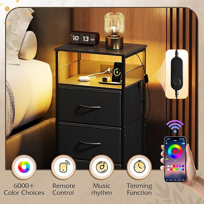 WLIVE Nightstand with Charging Station, 31.9" H Nightstand with 3 Fabric Drawers, LED Bedside Table with USB Ports and Outlets, End Table for Dorm, Bedroom, Entryway, Black