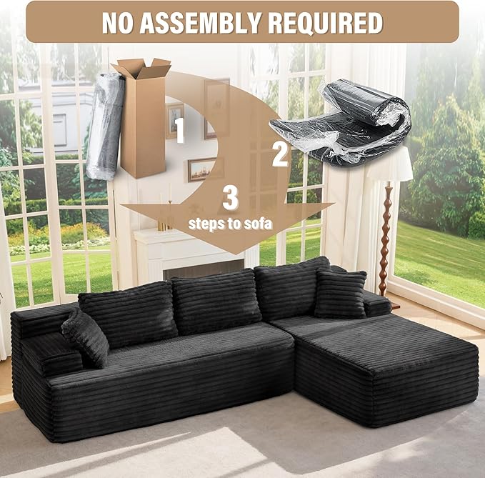 Hobestluk Modular Sectional Sofa Boneless Couch L-Shape Couch 3 Seat Modular Couch Memory Foam Sectional Couches for Living Room Furniture, Cloud Couch with Oversized Chaise (108" Right Facing Chaise)