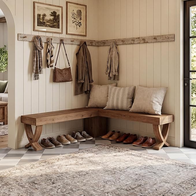 L Shaped Solid Wood Corner Bench, 55-Inch Farmhouse Table Bench with X-Shaped Leg, Backless Entryway Shoe Bench, for Dining Room, Hallway, Rustic Brown