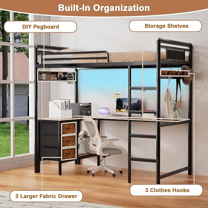 Twin Loft Bed with L Shape Desk, Gaming Bunk Bed with Stairs, Metal Loft Bed Heavy Duty Loft Beds for Adults, 3 Fabric Drawers, LED Lights & Charging Sation, Pegboard & Cloth Hangs
