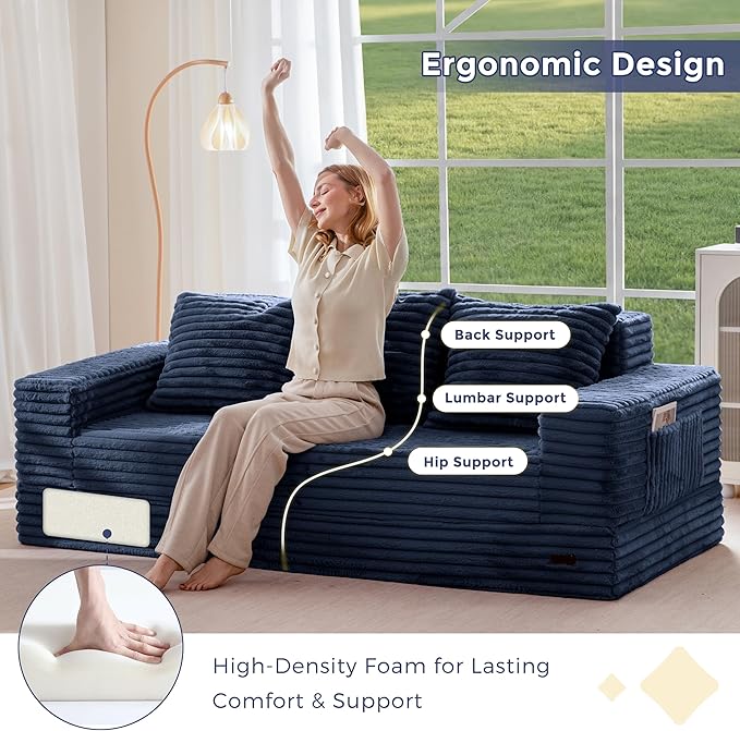 MAXYOYO Loveseat Sofa Bed, Striped Faux Fur Foldable Floor Sofa Couch in A Box, 4 in 1 Convertible Boneless Couch with 2 Cup Holders, Folding Recliner Sleeper Chair, No Assembly Required, Navy