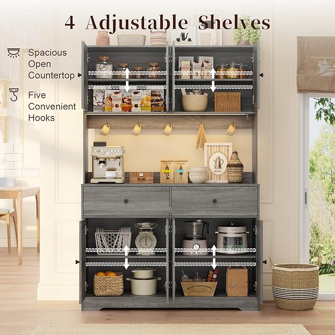 71" Kitchen Pantry Cabinet with Charging Station, Pantry Storage Cabinet Farmhouse Kitchen Hutch with Microwave Stand, Coffee Bar Station with Doors and Adjustable Shelves for Kitchen, Grey