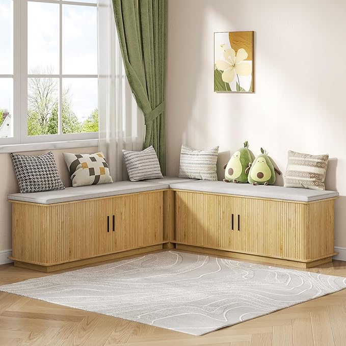 L-Shape Storage Bench with Cushion, Wood Corner Dining Bench, Kitchen Breakfast Nook Bench with Hidden Storage for Dining Room, Kitchen, Entryway, Cloakroom