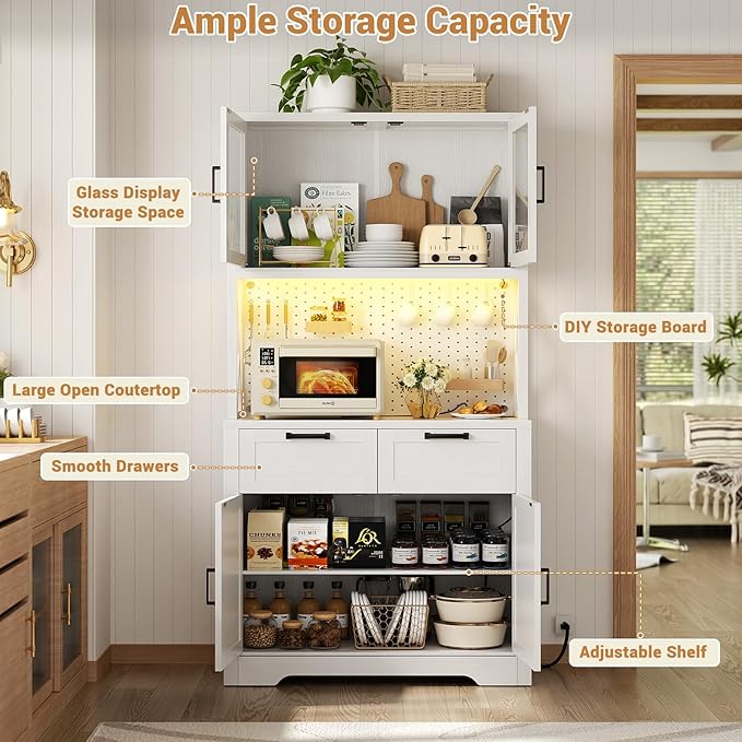 Unikito 71" Pantry Cabinet with LED Light & Outlet, Tall Kitchen Pantry Storage Cabinet with Microwave Stand, DIY Pegboard, Drawers and Adjustable Shelf, Farmhouse Kitchen Hutch for Dining Room, White