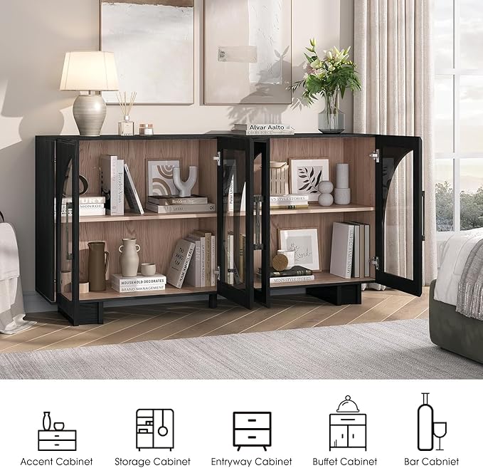 JOINICE Round Coffee Table and Sideboard Buffet Cabinet Set,31.5" Fluted Center Table with Sliding Door for Living Room,63" Arched Credenza Storage Cabinet with Glass Doors,Modern Wood Furniture,Black