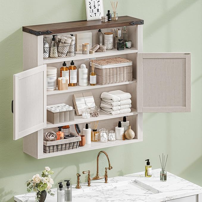 Bathroom Wall Cabinet, Farmhouse Medicine Cabinet with Adjustable Shelves and 2 Barn Doors, Wall Mounted Over the Toilet Storage Cabinet for Bathroom, Laundry Room, Kitchen, Rustic White and Brown