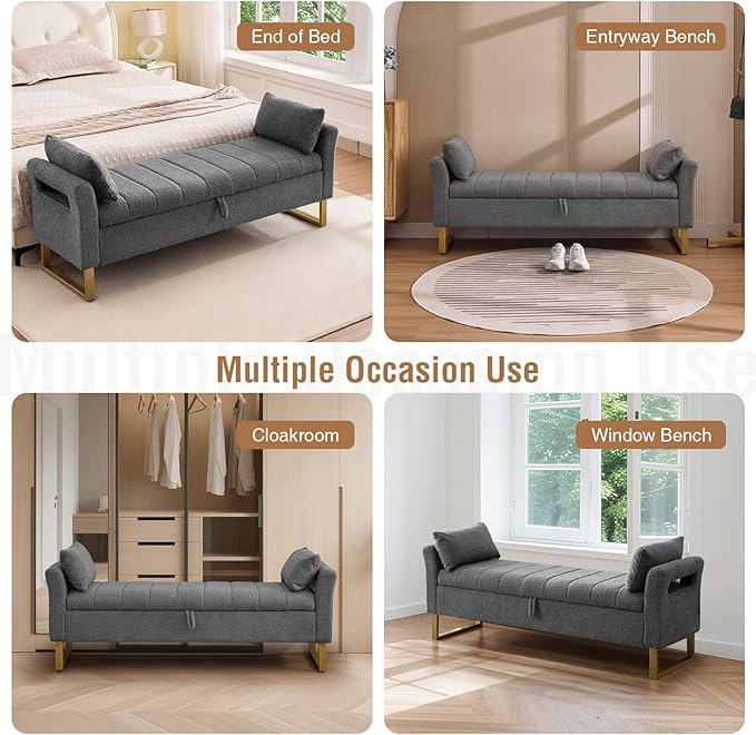 Storage Bench for Bedroom End of Bed King Size, 66'' Bedroom Benches for Foot of Bed King, Grey Teddy End of Storage Bench with Gold Legs & 2 Pillows for Entryway, Windows, Closet