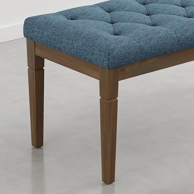 SIMPLIHOME Waverly Tufted Ottoman Bench - 48 inch Wide Upholstered Linen Look Fabric Rectangle Footstool Ottoman in Indigo Blue, Traditional Bench for Bedroom, Entryway or Living Room with Carved Legs