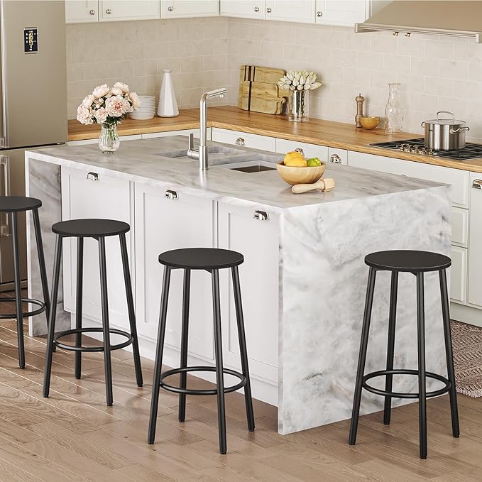 HOOBRO Bar Stools, Set of 2 Bar Chairs, Kitchen Round Height Stools with Footrest, Breakfast Bar Stools, Sturdy Steel Frame, for Dining Room, Kitchen, Party, Easy Assembly, Black BK03BY01