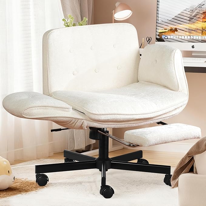 Criss Cross Chair with Footrest & 5 Level Folding Arms Full Relaxation, Wide Cross Legged Office Chair for Home Office, Comfy Swivel Desk Chair with Ottoman, Chenille Vanity Chair (White)