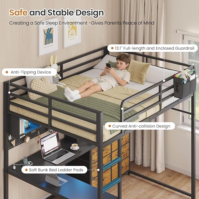 DICTAC Full Size Loft Bed with L-Shaped Desk,Bookshelf and Charging Station Metal Full Loft Bed with 6 Storage Drawers,Open Shelves and Hutch,Teen loft beds with Led Lights and Safety Guardrail,Black