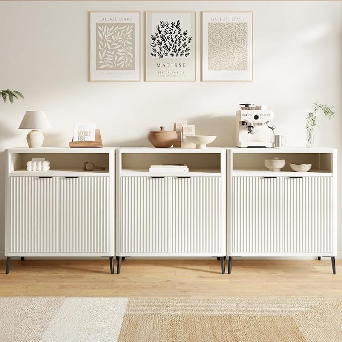 Fatmok Fluted Buffet Cabinet with Storage Set of 2, 31.4" Wide Wood Sideboard Credenza with 2 Doors & Open Storage Shelf, Modern Coffee Bar Table for Living Room Kitchen Dining Room,White