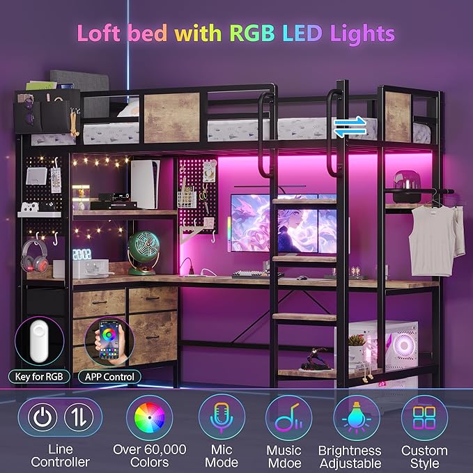 BYSAUD Twin Loft Bed with Desk and Storage, Metal Bunk Bed with 5 Drawers and 2 Pegboards, Heavy Duty Loft Bed Twin Size with LED Lights and Charging Station for Teens Adults, Noise Free, Brown