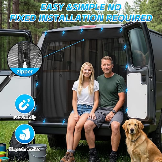 Magnetic Van Screen for Ford Econoline/Ford E-Series E-150 E-250 E-350 E450 1992-2005 - Mosquito Net with Zipper for Back Door - 60" H x 63" W
