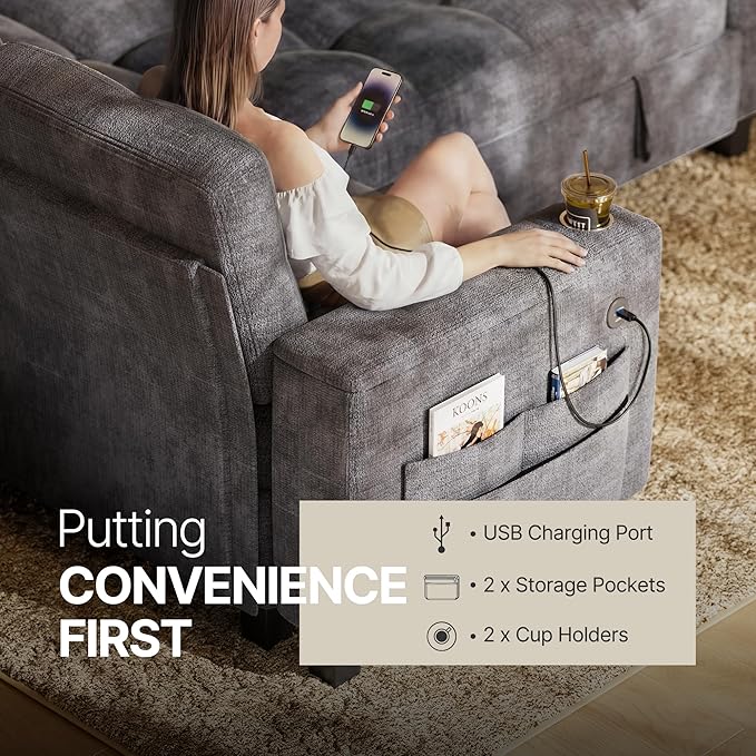 Marsail 84.6" Sectional Sleeper Sofa with Pull Out Bed, 5 Seat Modular Sectional Couch with Storage, USB & Cup Holders, Modern Chenille Cloud Sofa for Living Room, Light Gray