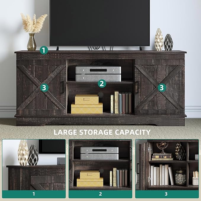 YITAHOME Farmhouse TV Stand for 65 Inch TV, Mid Century Modern Entertainment Center with Double Barn Doors, Rustic TV Media Console TV Cabinet for Living Room, Dark Oak