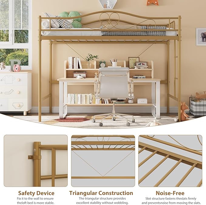 IDEALHOUSE Loft Bed Twin Size with Ladder & Full Safety Guardrail, Heavy Duty Metal Twin Loft Bed 400 Lbs Load Capacity, Space-Saving, Noise Free, No Box Spring Needed, Easy Assembly, Gold