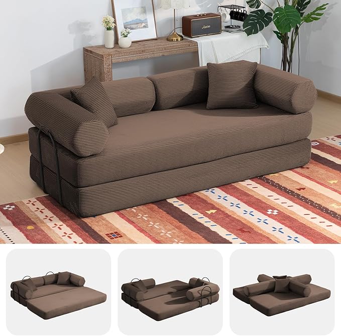 79" Boneless Couches for Living Room, Corduroy Sofa Bed with 2 Pillows,Side Pockets,Hex Arm, 5-in-1 Loveseat Sleeper Sofa for Small Spaces, High-Density Foam Couch, No Assembly, Brown