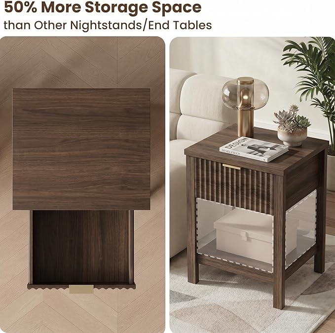 Fluted Night Stand with Golden Handle,Mid-Century Nightstands with Drawer,Modern Bedside Table with Storage Shelf,Large End Tables for Livingroom,Bed Side Tables for Bedroom,Walnut