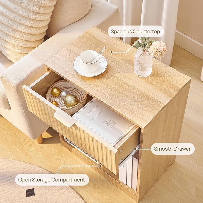 HOOBRO Fluted Nightstands Set of 2, Modern Bedside Tables with 1 Drawer and 1 Open Compartment, Wooden End Tables with Metal Handle, for Bedroom and Office, Natural NL208BZP201