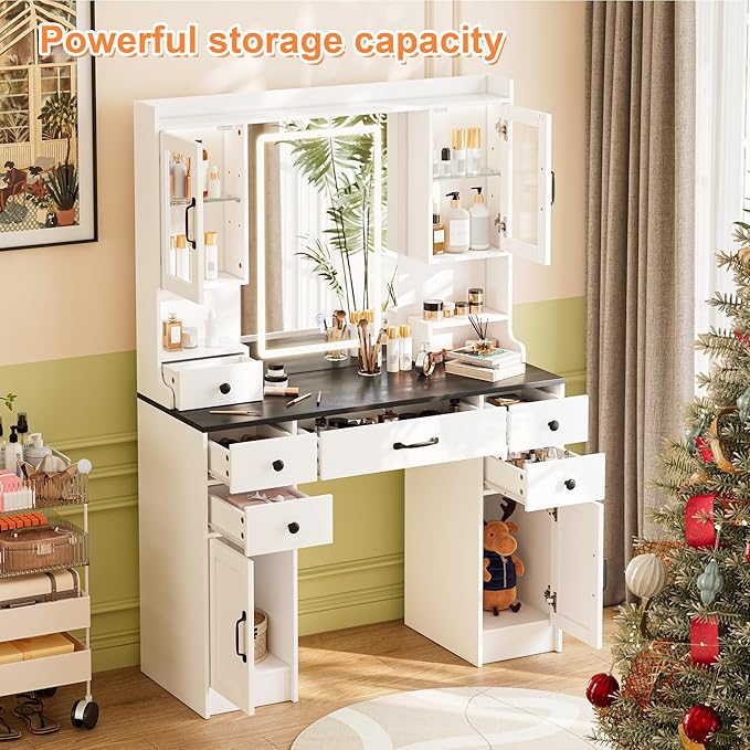 KAMABOKO Vanity Desk with LED Lights and Mirror, Large Makeup Vanity Table Set with 6 Drawers & 4 Cabinets & Power Outlet, 3 LED Lights Modes Adjustable