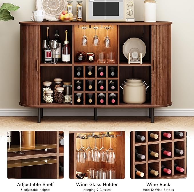 ONBRILL 55" Wine Bar Cabinet with LED Light,Modern Liquor Whiskey Coffee Station with Wine Rack and Glass Holder, Farmhouse Buffet Sideboard with Storage for Living Room, Kitchen, Entryway (Walnut)