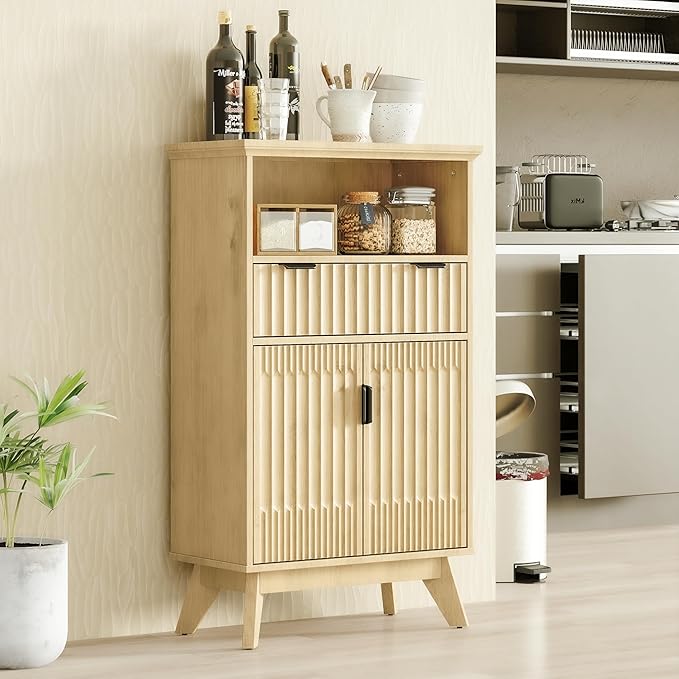 FLOWBACK Fluted Cabinet, 40'' High Coffee Bar Cabinet with Drawer & Door, Bathroom Storage with Open Shelf, Wood Kitchen Pantry Sideboard Buffet Table with Shelves for Kitchen, Dining Room, Entryway