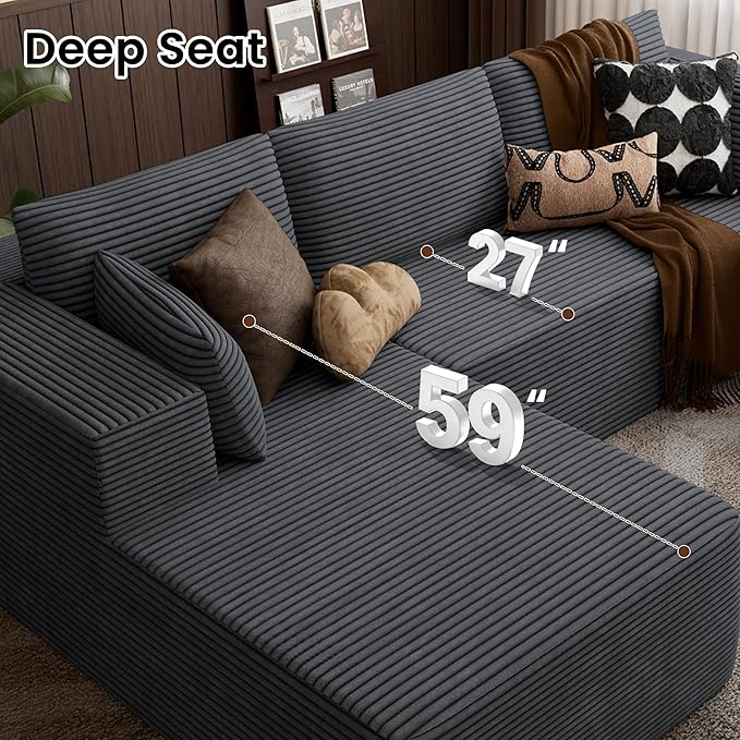 106" Cloud Sectional Boneless Couches for Living Room, Modular L Shaped Couch with Deep Seat Oversized Right Facing Chaise, Memory Foam Compressed Spineless 3 Seater Sofa for Apartment, Grey