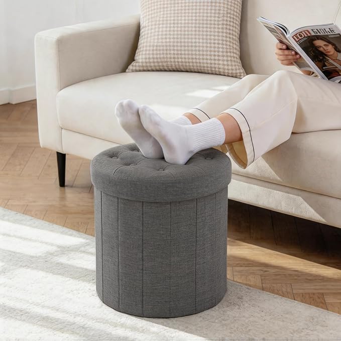 CAROLMADE Round Storage Ottoman,Linen Folding Footrest Stool with Thicker Foam Padded Seat,Versatile Vanity Stool for Living Room,Bedroom or Dorm,Grey