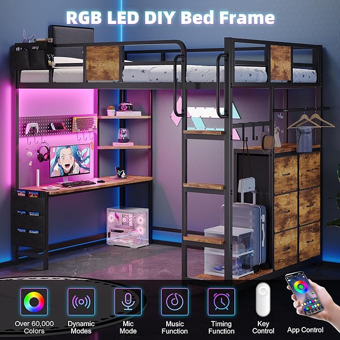Dnxao Twin Loft Bed with Desk, Twin Bed Frame with 6 Storage Drawers, 2 Bedside Organizer,3 Movable Hooks,LED Lights & Charging Station,Bunk Bed with Desk, Clothes Rack,Safety Guardrail,Rustic Brown