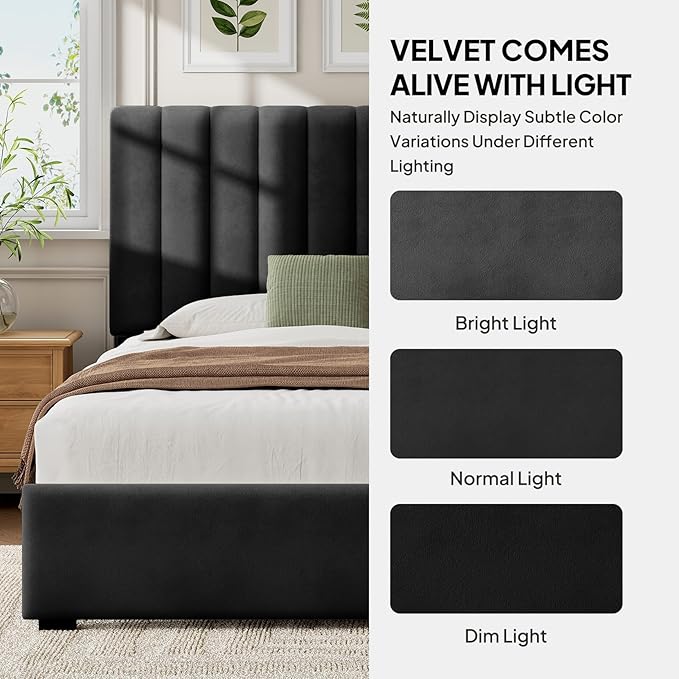 Welzona Full Upholstered Bed Frame with Headboard, Velvet Upholstered Metal Platform Bed with Vertical Channel Tufted Headboard, 3-Level Height, Metal Slat Support, Noise-Free Easy Assembly, Black