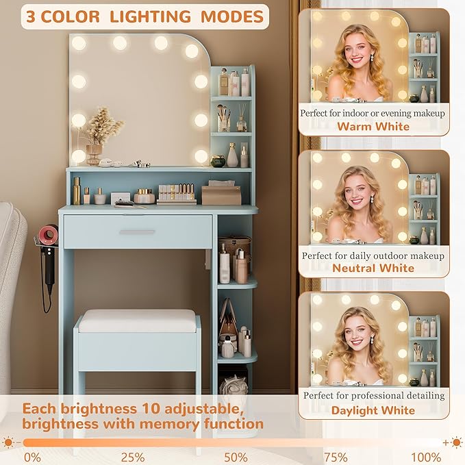 wanan Makeup Vanity with Chair, Small Vanity Desk with Mirror and Lights 3 Colors, Girls Vanity Set with Power Outlet, Compact Vanity Table for Small Space, Sky Blue