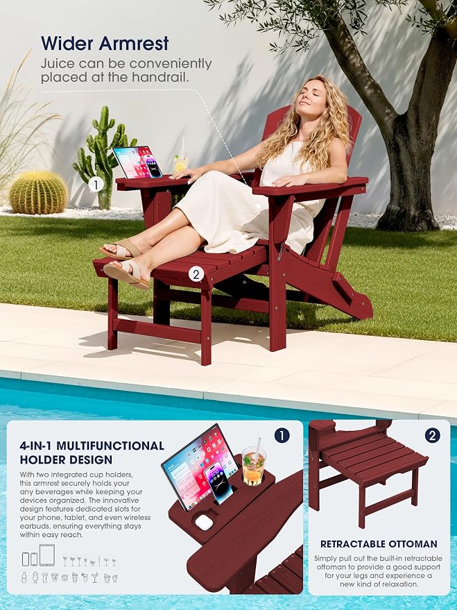 KINGYES Adjustable Folding Adirondack Chair with Footrest & 4-in-1 Multi-Functional Armrest Organizer Set of 2, HDPE Foldable Recliner Adirondack Chair with Pull-Out Ottoman, Red