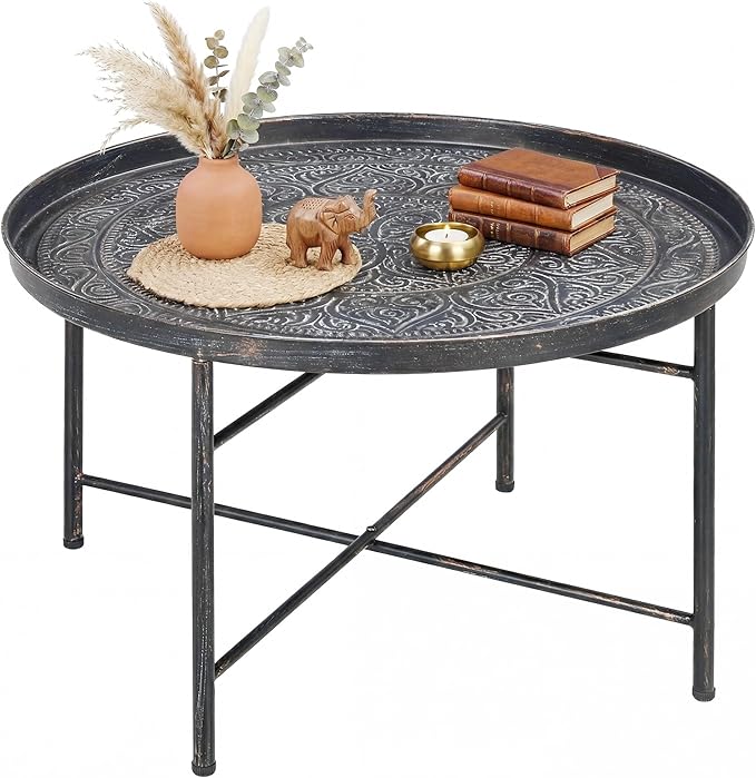 HOMCOM 24" Round Coffee Table with Hammered Tray Top, Vintage Metal Center Table for Living Room, Bedroom, Side Table, Pewter