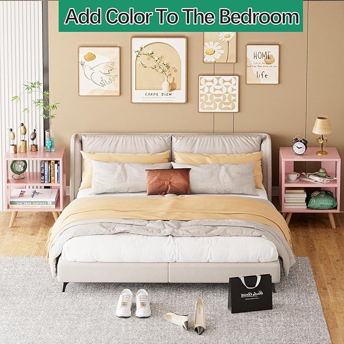 Aenuert Night Stand, Pink Kids Nightstand, Modern End Table with Open Storage, 2-Tier Nursery Bedside Table for Small Space, Living Room, Bedroom