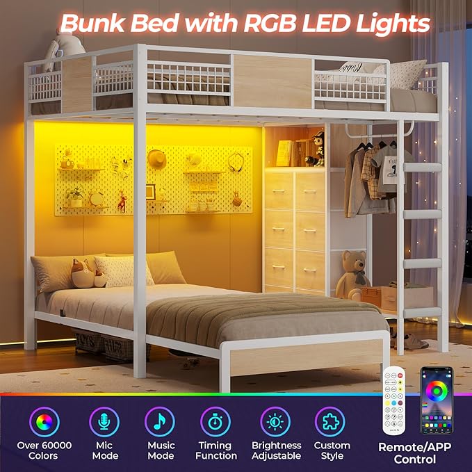ADORNEVE Full Over Twin Bunk Bed with 8 Storage Drawers, Metal Loft Bed with Led Lights & Storage Shelves, Bunk Beds Twin over Full Size with 13.4" H Safety Guardrail & Ladder, for Kids & Teens, White