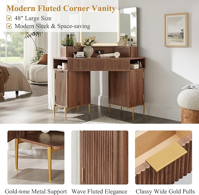 T4TREAM 48" Fluted Makeup Vanity Desk with HD Triple Mirror and Lights, Large Lighted Corner Vanity with Glass Top, Modern Dressing Table with 3 Drawers & 2 Cabinets for Bedroom, Light Walnut