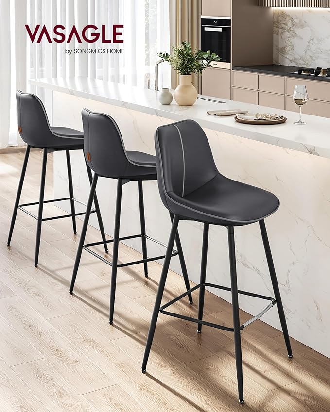 VASAGLE Bar Stools Set of 4, Bar Height Bar Stools with Back, Ergonomic Backrest, Synthetic Leather, Metal Legs, 28.5-Inch Tall Barstools for Kitchen Island Home Bar, Easy Assembly, Ink Black
