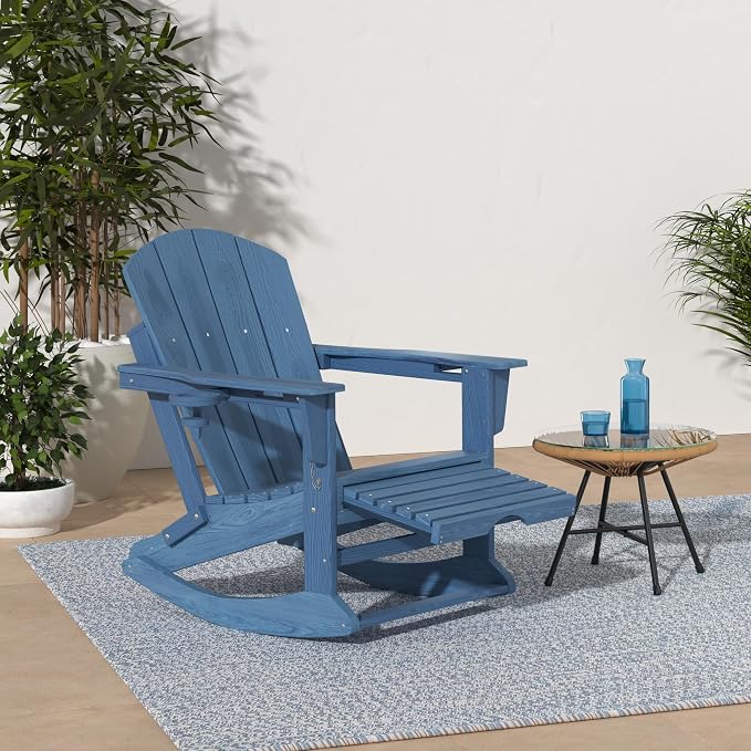 KINGYES Adirondack Rocking Chair Set of 4 with Retractable Ottoman and Cup Holders, HDPE Adirondack Rocker Patio Rocking Chair for Porch, Patio, Balcony, Deep Blue